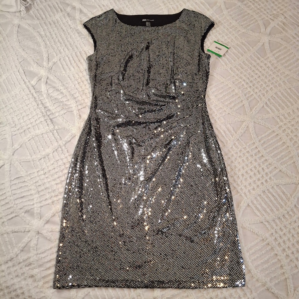Anne Klein Women Large Metallic Sheath Dress Black Silver Cap Sleeve Stretch NWT